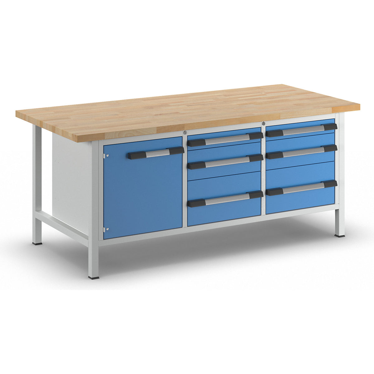 Workbench, Series 8000 frame construction, 6 drawers: 2 x 90, 2 x 180, 2 x 270 mm, 1 door 540 mm, WxD 2000 x 900 mm.