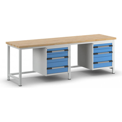 Workbench, Series 8000 frame construction, 6 drawers: 2 x 120, 2 x 180, 2 x 240 mm, WxD 2500 x 700 mm.