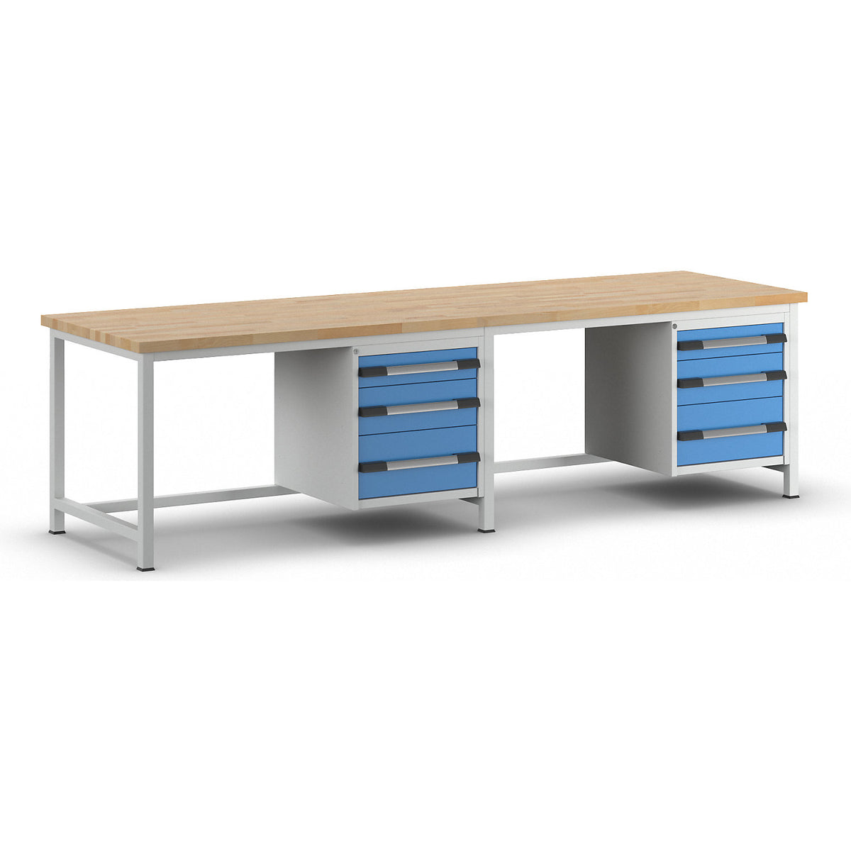 Workbench, Series 8000 frame construction, 6 drawers: 2 x 120, 2 x 180, 2 x 240 mm, WxD 3000 x 900 mm.