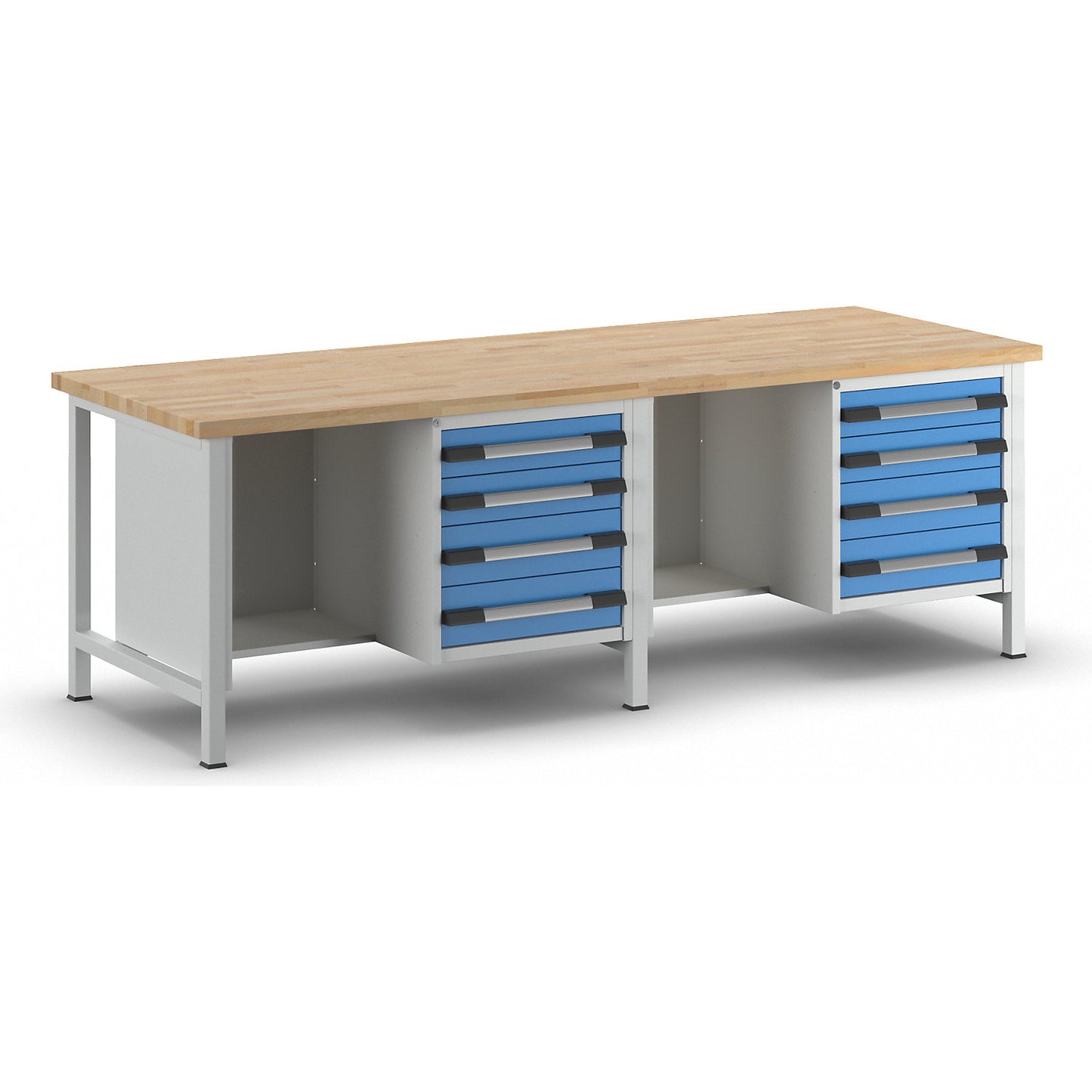Workbench, Series 8000 frame construction, 8 drawers: 4 x 120, 4 x 150 mm, extra wide, WxD 2500 x 900 mm.