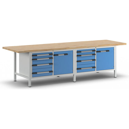 Workbench, Series 8000 frame construction, 8 drawers: 4 x 90, 4 x 180 mm, 2 doors 540 mm, WxD 3000 x 900 mm.