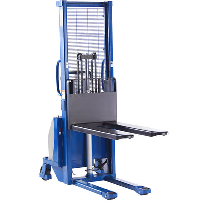 Semi-electric drawbar stacker, max. load 1200 kg, lifting height 1600 mm.