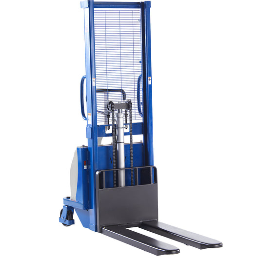 Semi-electric drawbar stacker, max. load 1200 kg, lifting height 1600 mm.