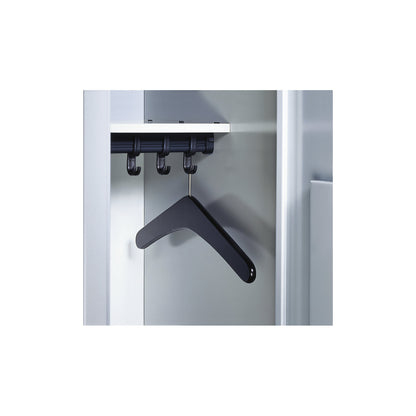 Coat hanger, with special pin mounted suspension made of hardwood, painted black.