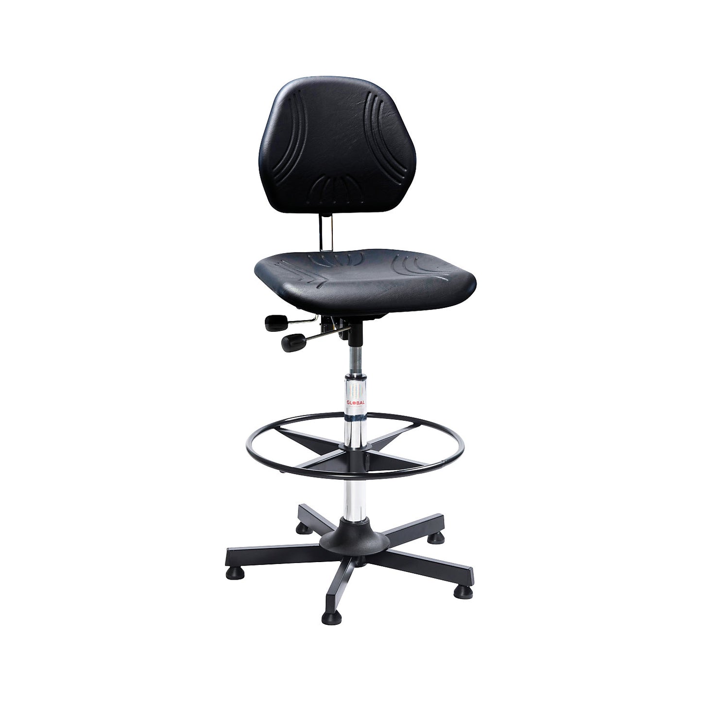 COMFORT industrial swivel chair, with floor glides and foot ring, height adjustment range 640 - 900 mm.