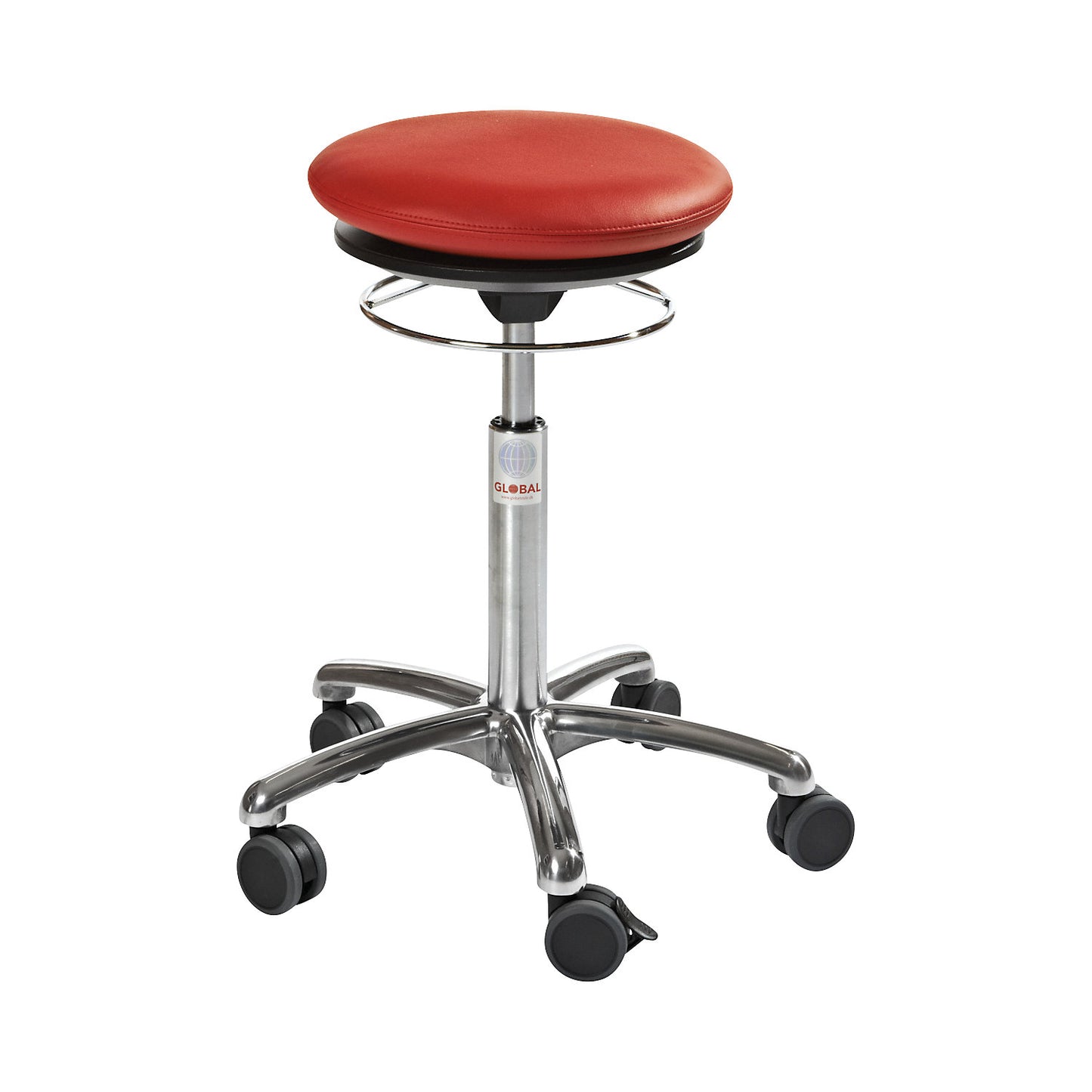 Stool with air cushion seat, vinyl covering, red.