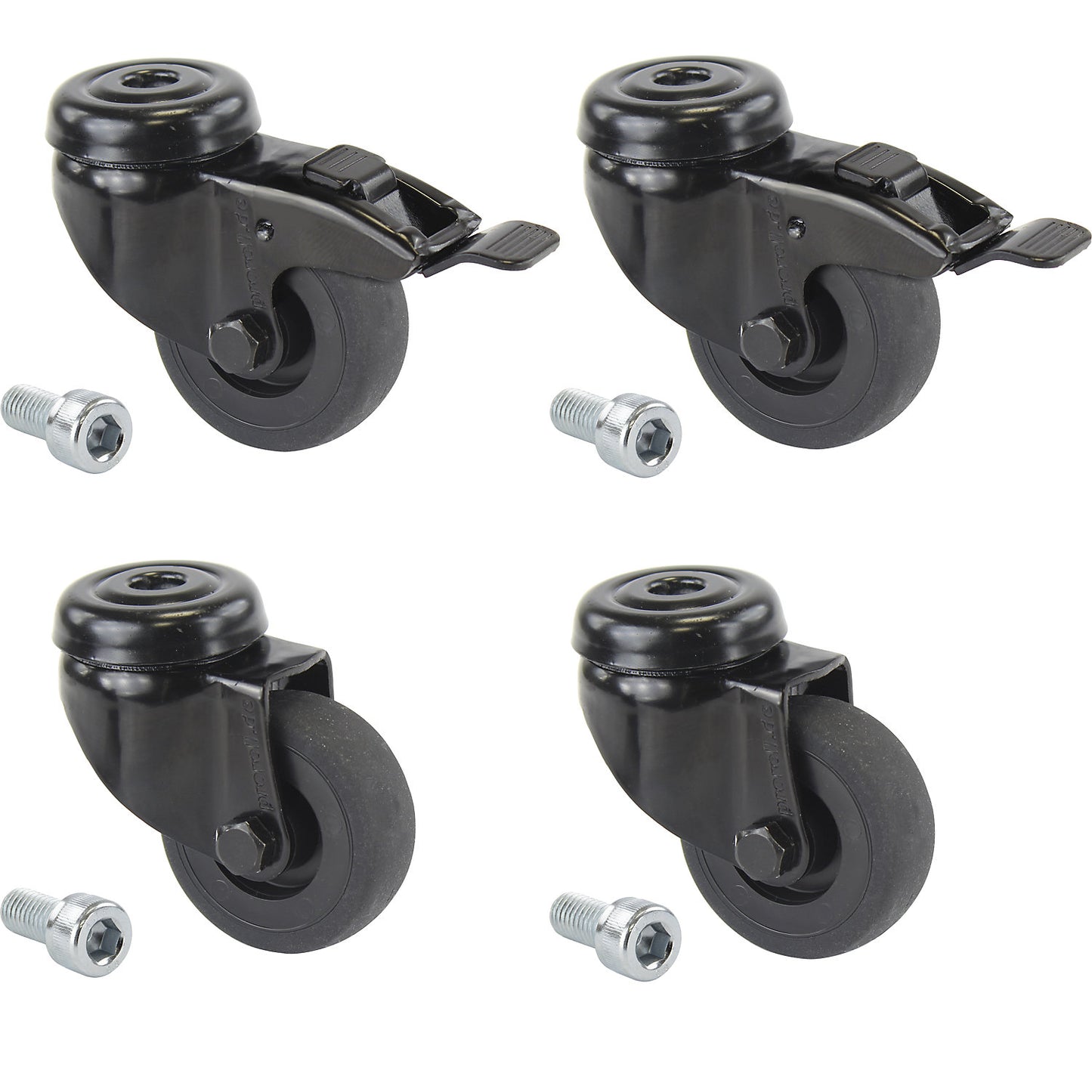Black rubber tyres, thermoplastic, with bolt hole, offered as a set, 4 swivel castors, 2 with double stops, wheel Ø x width 50 x 19 mm.