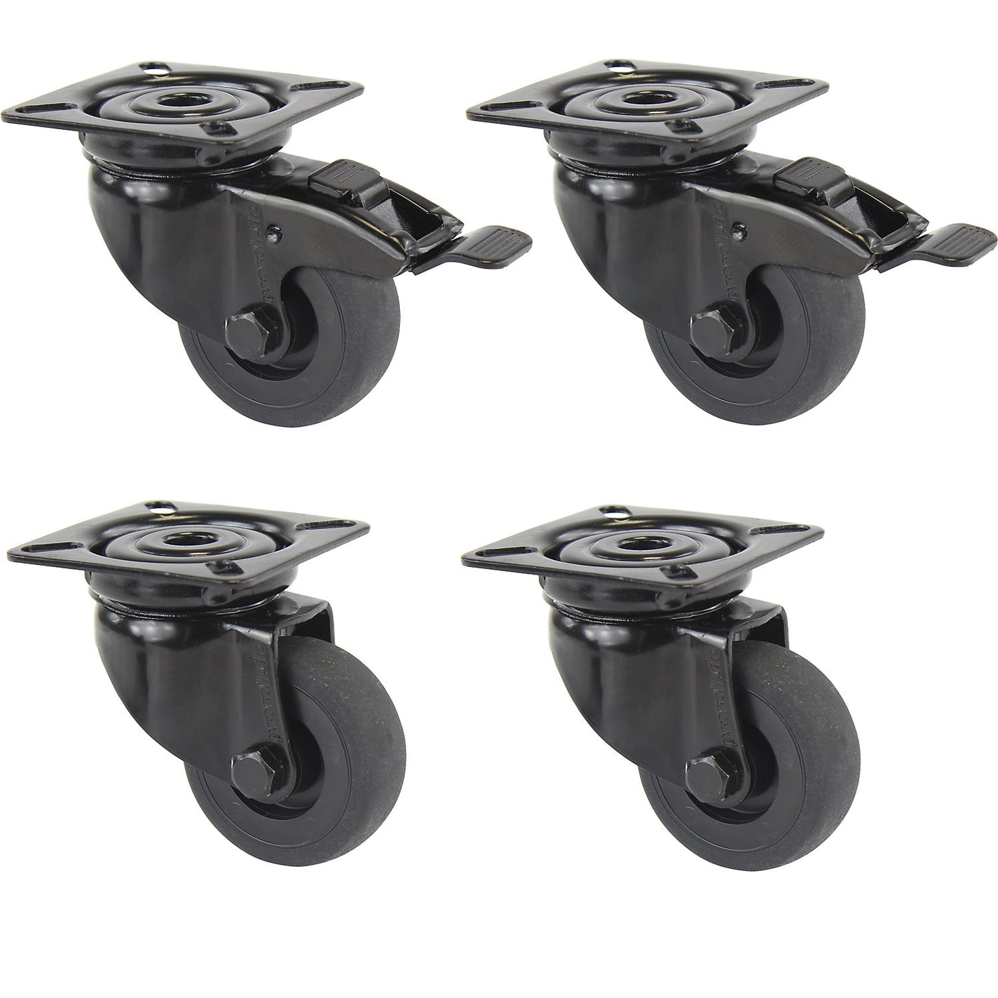 Black rubber tyre, thermoplastic, with mounting plate, offered as a set, 2 swivel castors with double stops and 2 swivel castors, wheel Ø x width 50 x 19 mm.