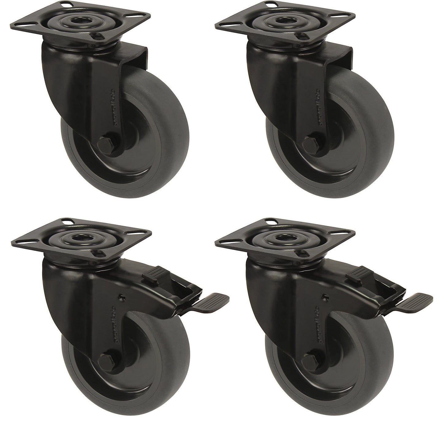Black rubber tyre, thermoplastic, with mounting plate, offered as a set, 2 swivel castors with double stops and 2 swivel castors, wheel Ø x width 75 x 23 mm.