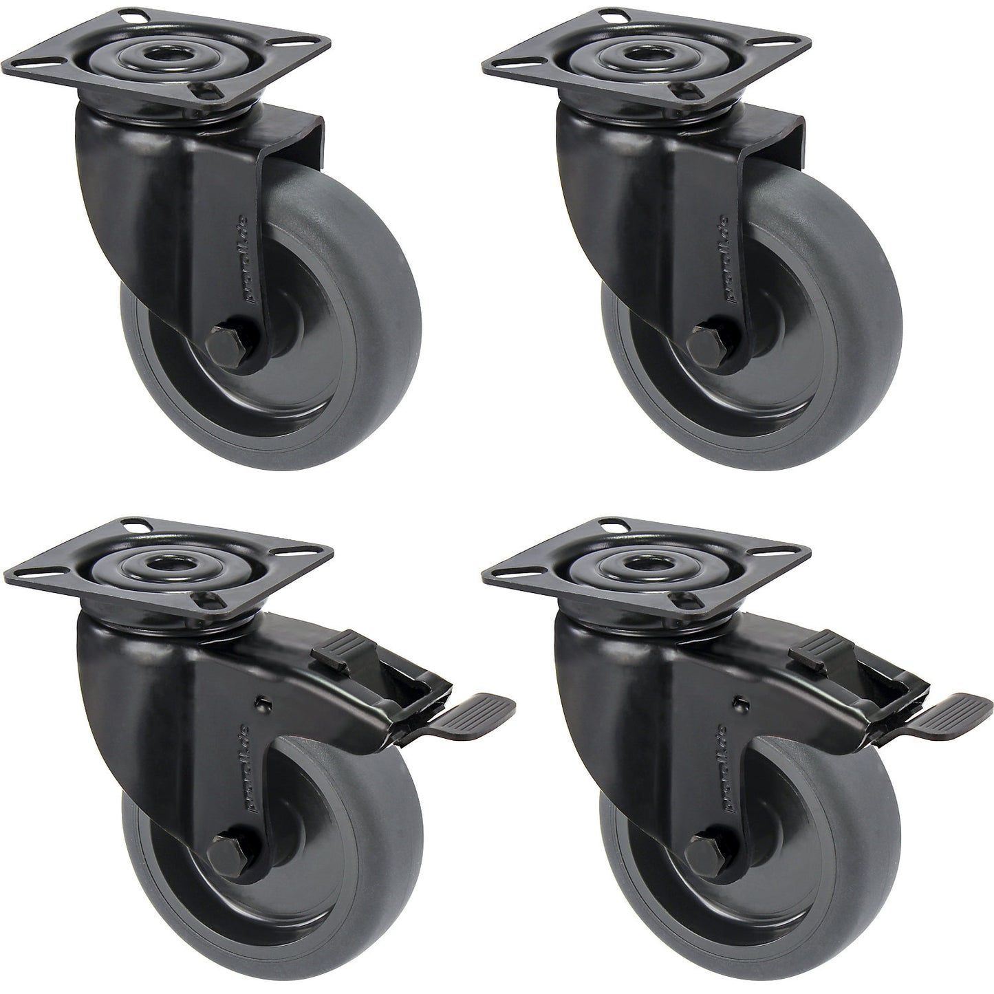 Black rubber tyre, thermoplastic, with mounting plate, offered as a set, 2 swivel castors with double stops and 2 swivel castors, wheel Ø x width 100 x 25 mm.