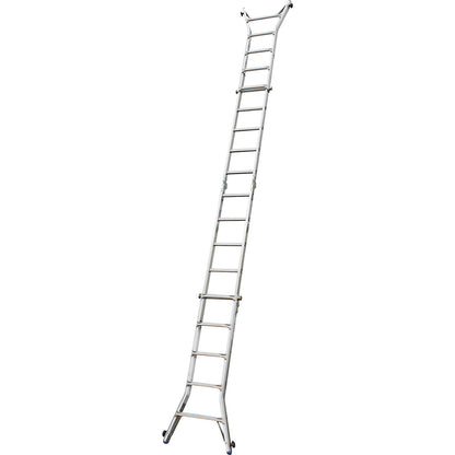 Hinged telescopic ladder, can be used as a step ladder or lean to ladder, 4 x 5 rungs.