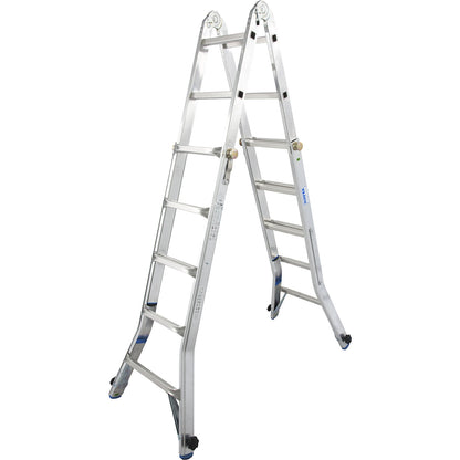 Hinged telescopic ladder, can be used as a step ladder or lean to ladder, 4 x 5 rungs.