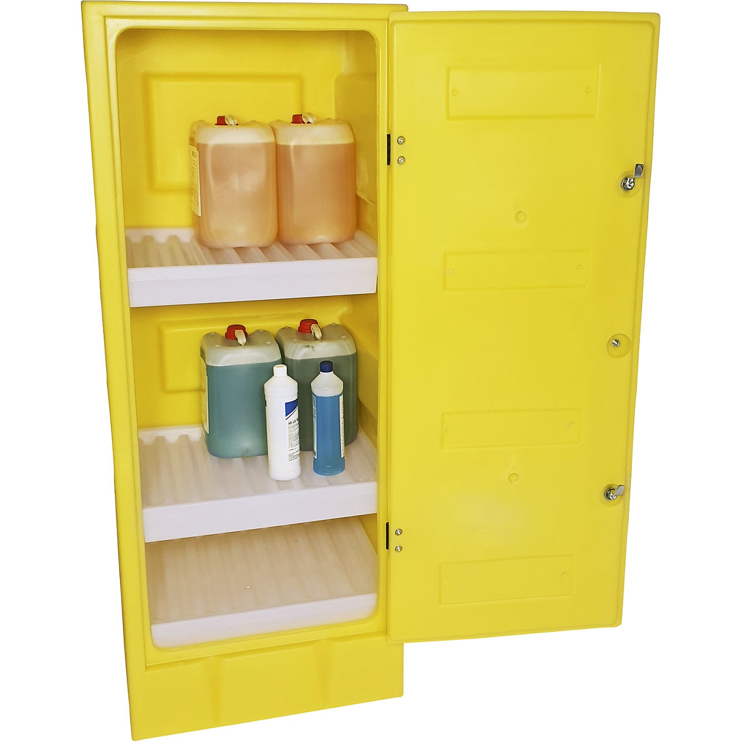 Environmental cupboard made of PE, collection capacity 70 l, 3 PE tray shelves, HxWxD 1650 x 650 x 570 mm.