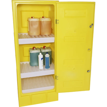 Environmental cupboard made of PE, collection capacity 70 l, 3 PE tray shelves, HxWxD 1650 x 650 x 570 mm.