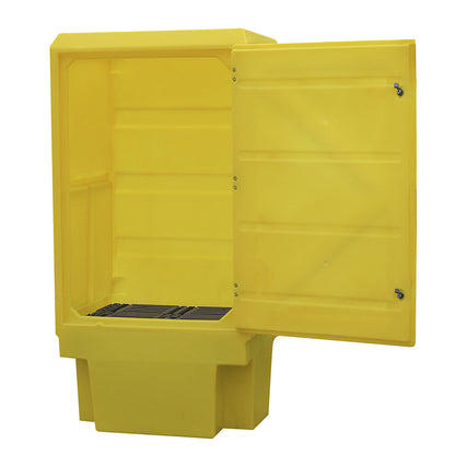 Environmental cupboard made of PE, collection capacity 225 l, for 1 x 200 l drum, 1 PE tray grate, HxWxD 1835 x 920 x 740 mm.