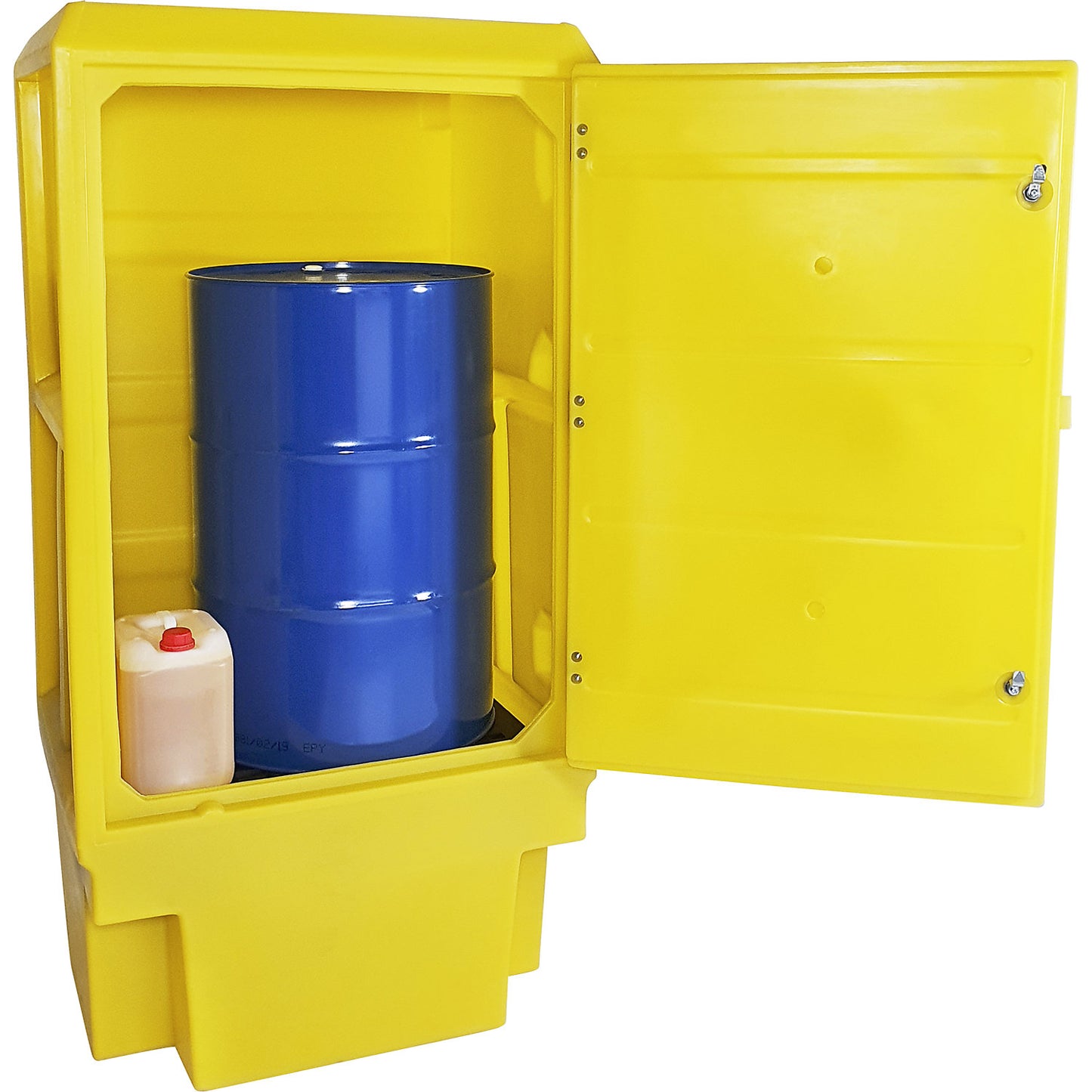 Environmental cupboard made of PE, collection capacity 225 l, for 1 x 200 l drum, 1 PE tray grate, HxWxD 1835 x 920 x 740 mm.