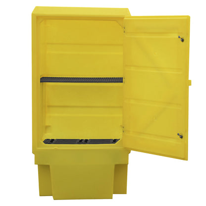 Environmental cupboard made of PE, collection capacity 225 l, 1 PE tray grate, 1 GRP mesh grid shelf, HxWxD 1835 x 920 x 740 mm.