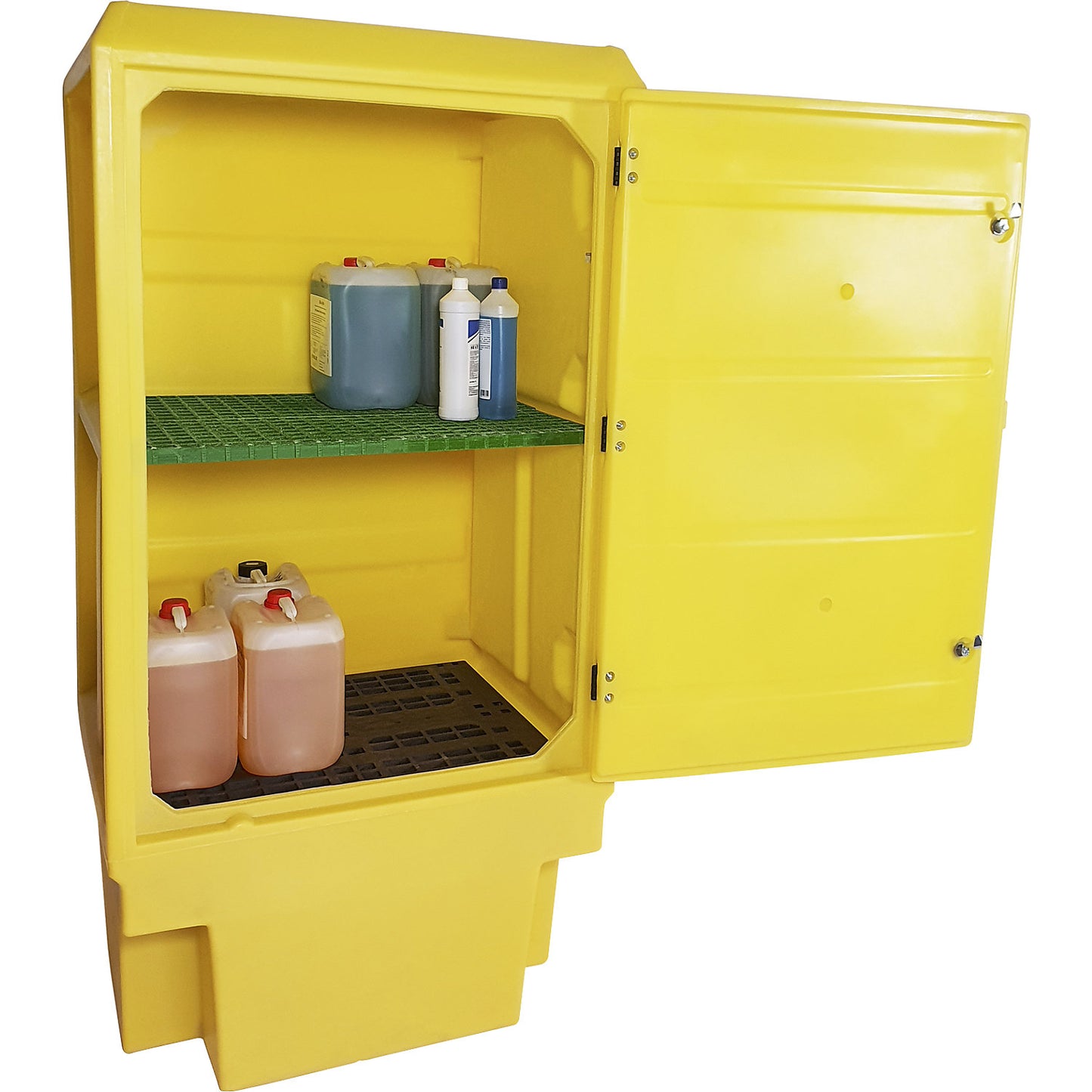 Environmental cupboard made of PE, collection capacity 225 l, 1 PE tray grate, 1 GRP mesh grid shelf, HxWxD 1835 x 920 x 740 mm.