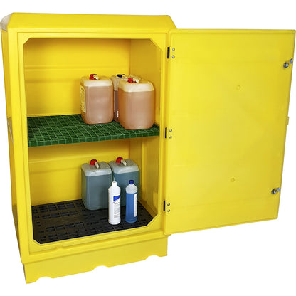 Environmental cupboard made of PE, collection capacity 100 l, 1 PE tray grate, 1 GRP shelf, HxWxD 1520 x 920 x 740 mm.