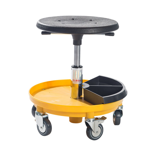 Assembly stool with tray, gas lift height adjustment 370 - 500 mm, yellow.