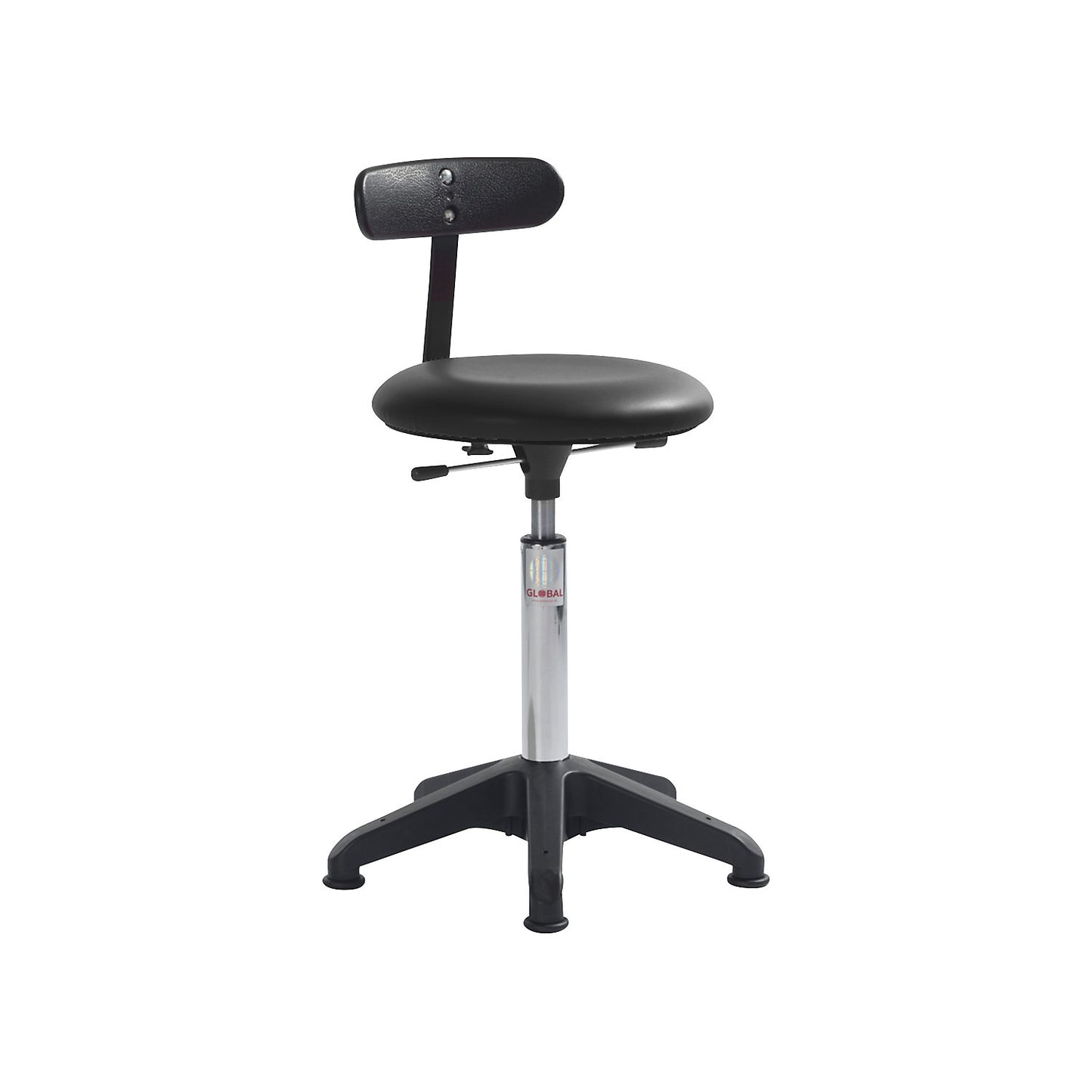 Industrial stool, height adjustable, with floor glides and back rest, black, height 520 - 710 mm.