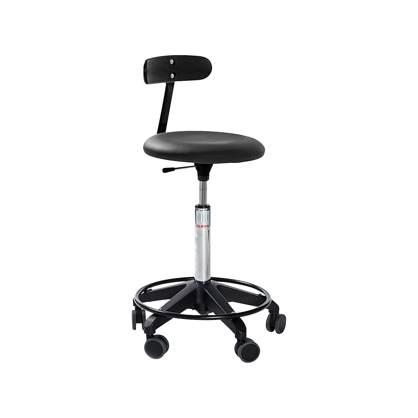 Industrial stool, height adjustable, with castors and back rest, black, height 580 - 770 mm.