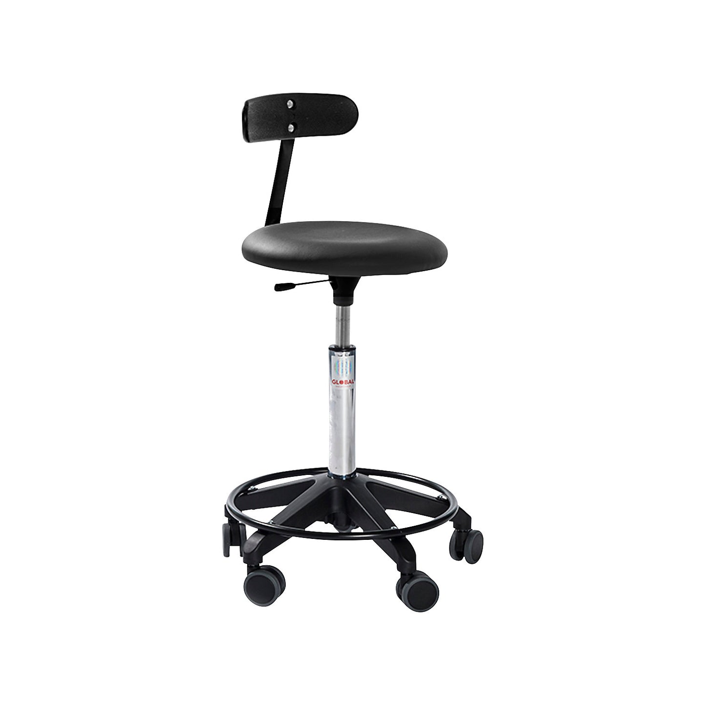 Industrial stool, height adjustable, with castors and back rest, black, height 490 - 620 mm.