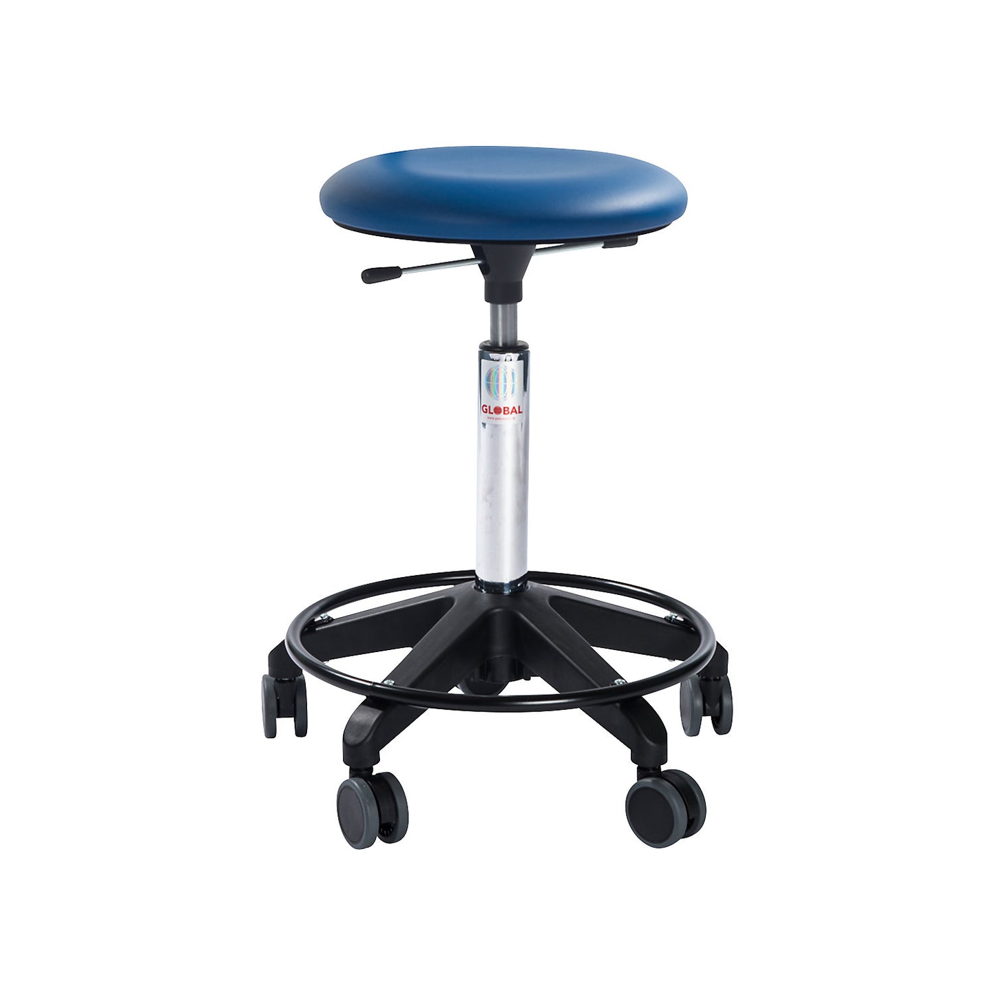Industrial stool, height adjustable, with castors, without back rest, blue, height 580 - 770 mm.