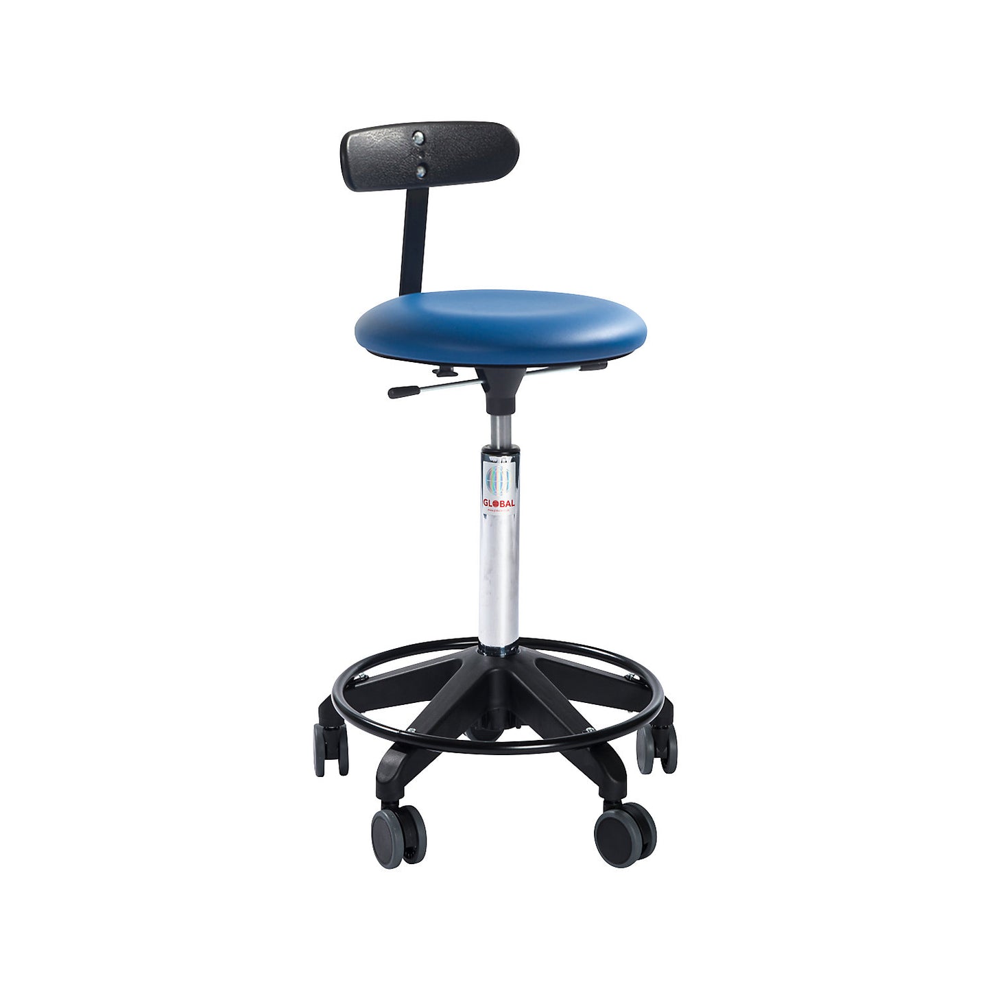 Industrial stool, height adjustable, with castors and back rest, blue, height 580 - 770 mm.
