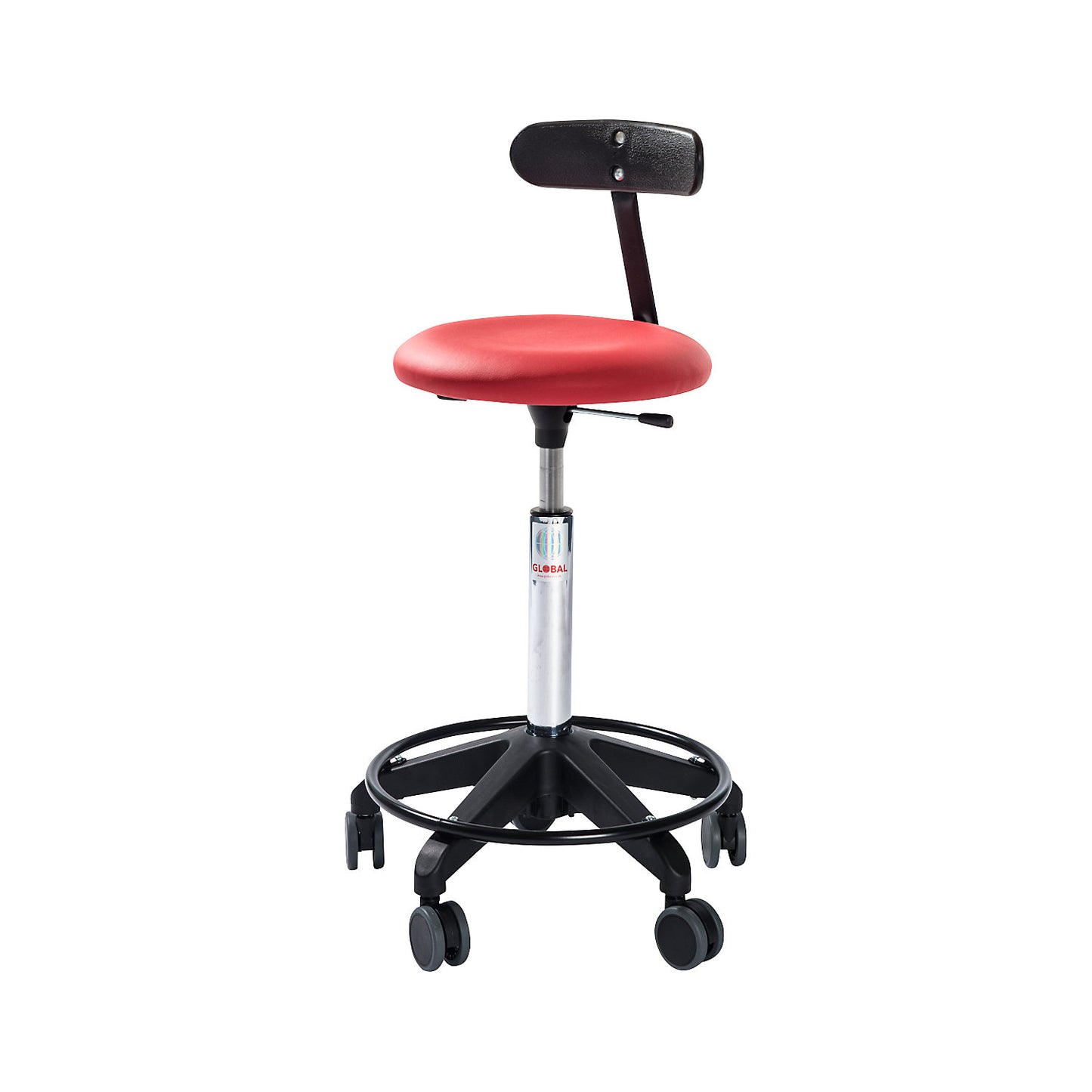 Industrial stool, height adjustable, with castors and back rest, red, height 490 - 620 mm.