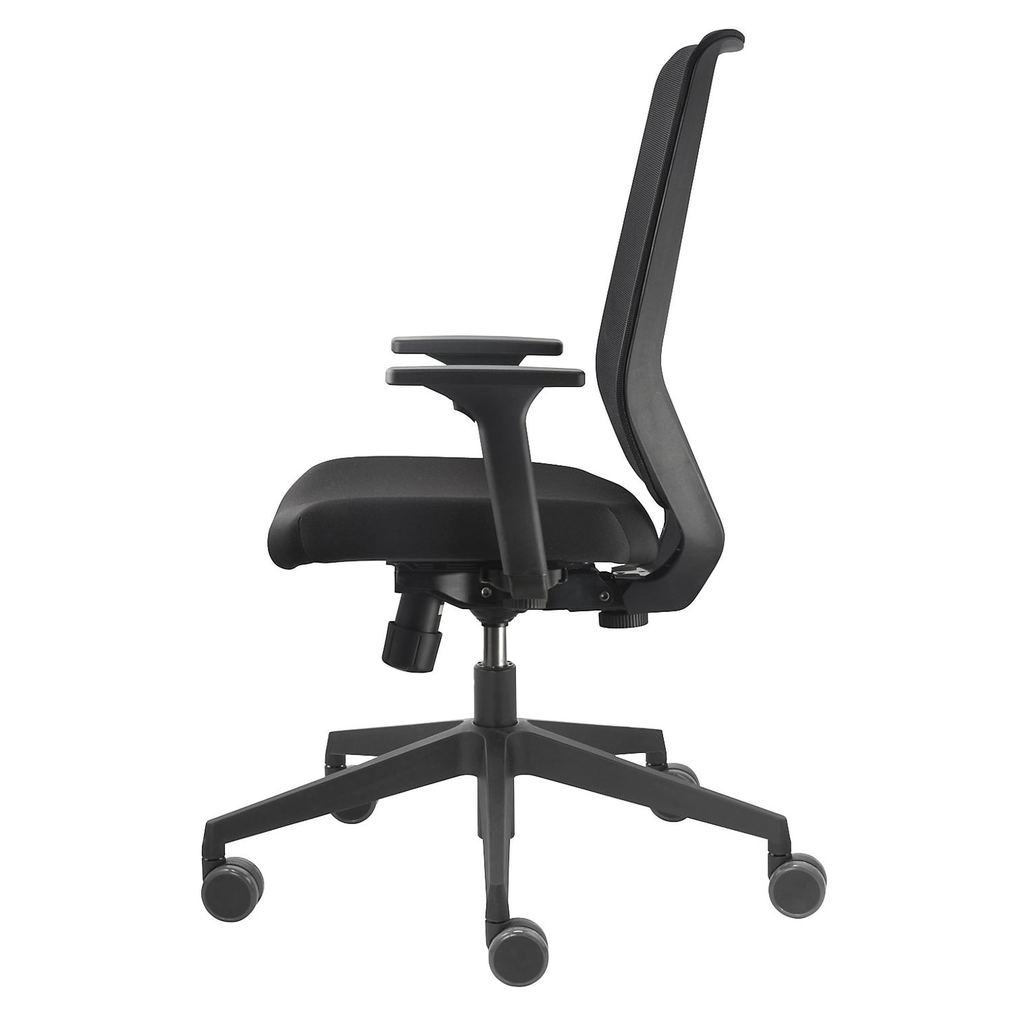 TO-sync office chair, with arm rests and universal castors, black, mesh back rest.