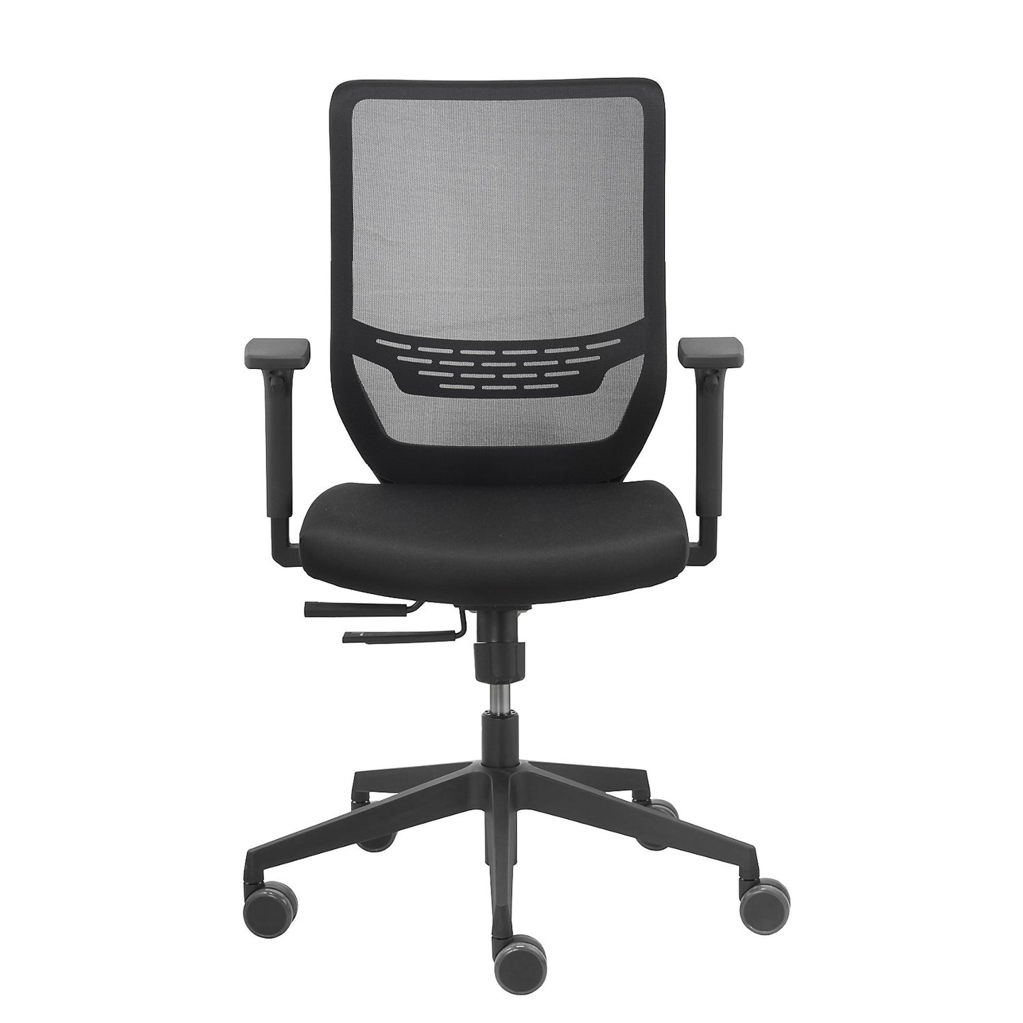 TO-sync office chair, with arm rests and universal castors, black, mesh back rest.