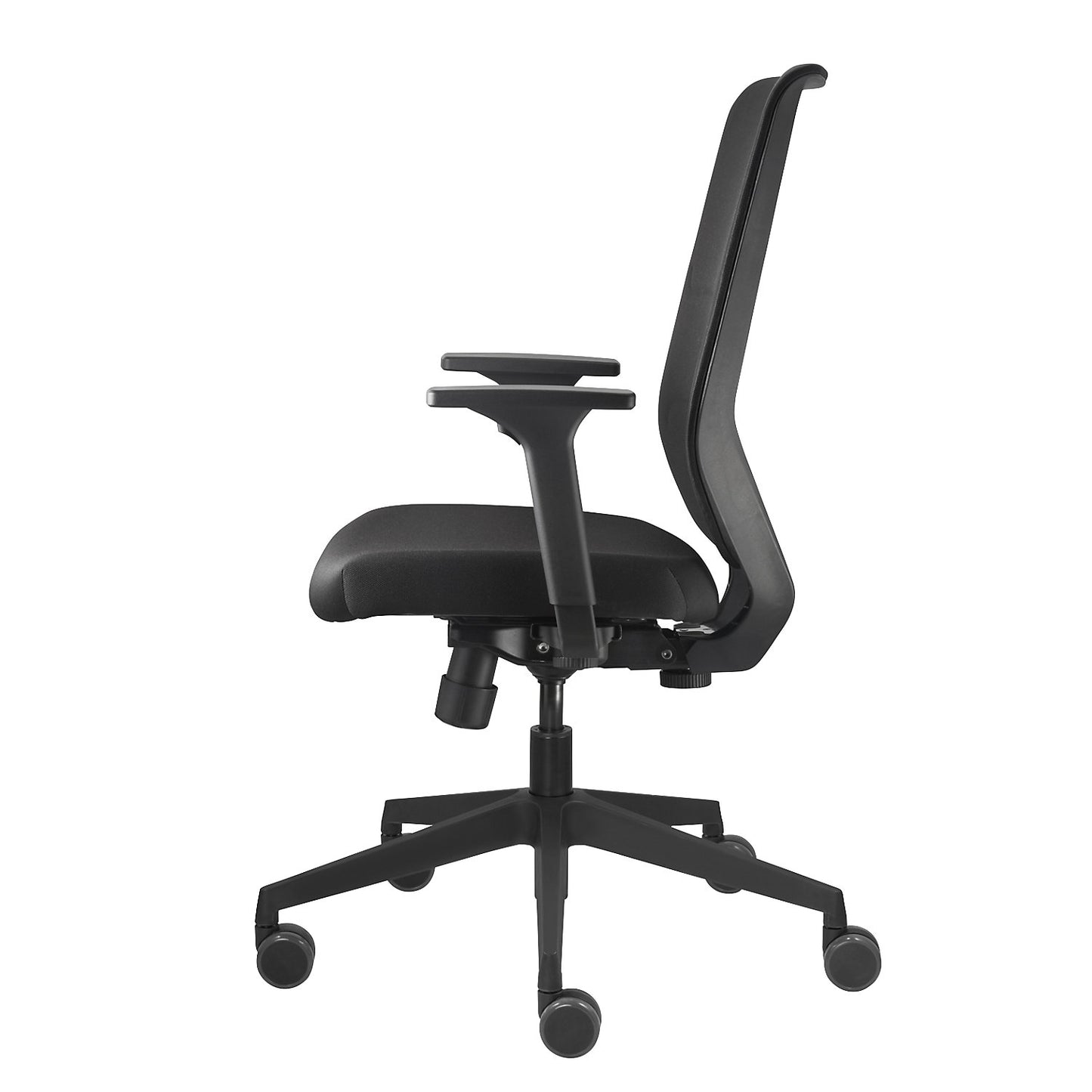 TO-sync office chair, with arm rests and universal castors, black, upholstered back rest.