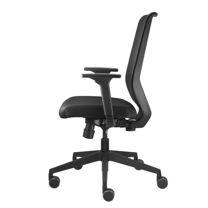 TO-sync office chair, with arm rests and universal castors, black, upholstered back rest.
