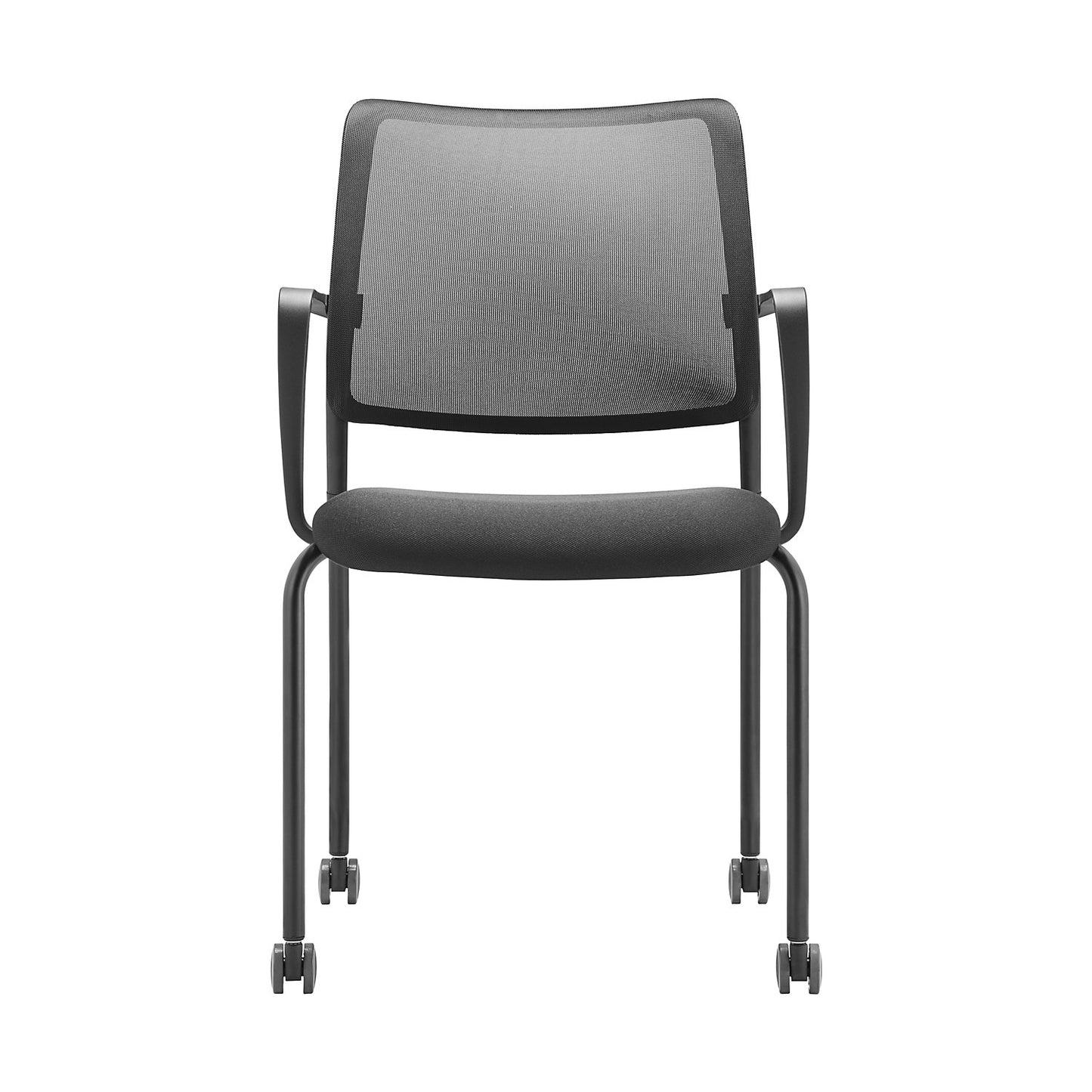 TO-SYNC meet meeting room chair, with mesh back rest, pack of 4, black, with arm rests and castors.