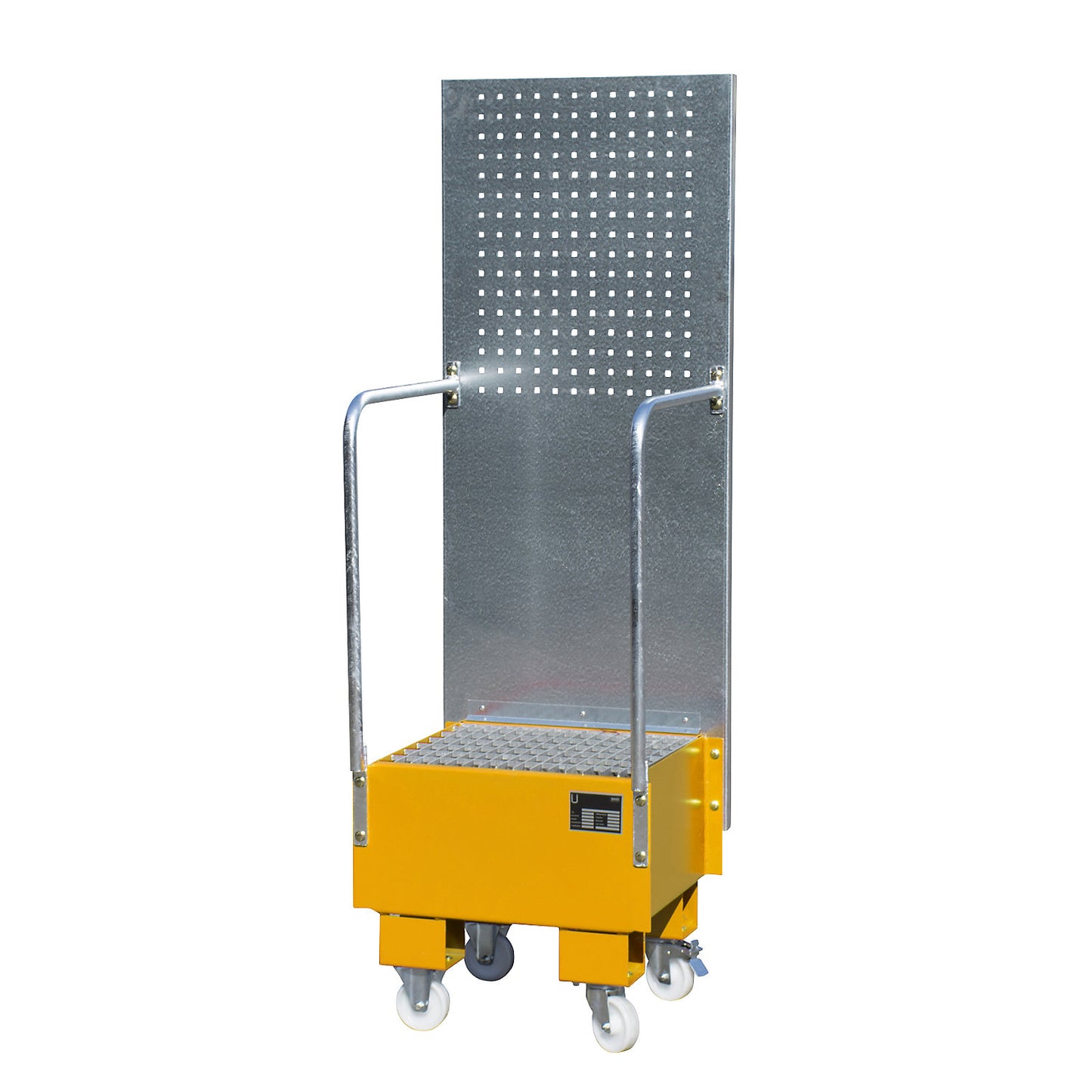 Mobile sump tray with perforated panel, 1 x 60 l drum placed upright, LxWxH 570 x 590 x 1775 mm, yellow orange.