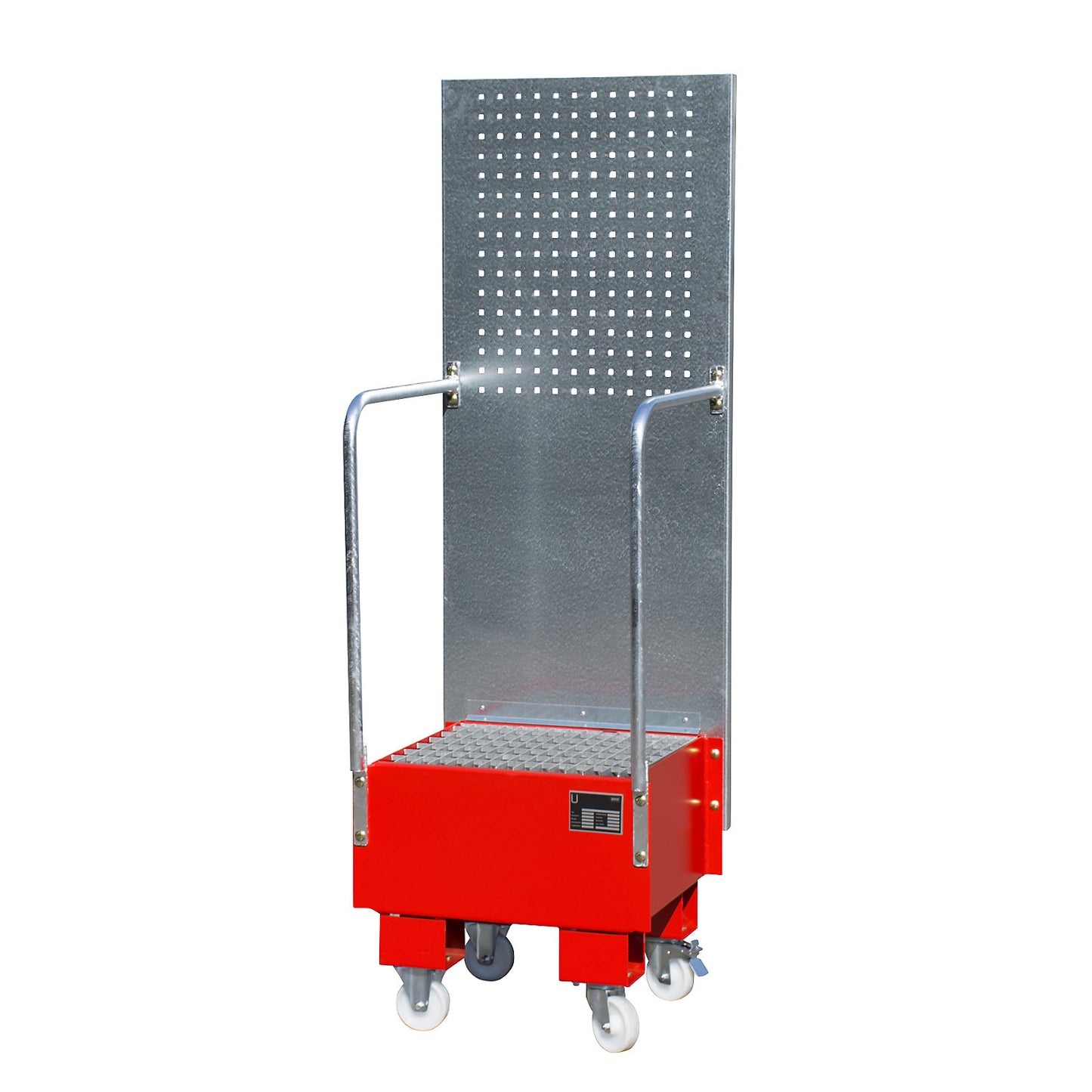 Mobile sump tray with perforated panel, 1 x 60 l drum placed upright, LxWxH 570 x 590 x 1775 mm, flame red.