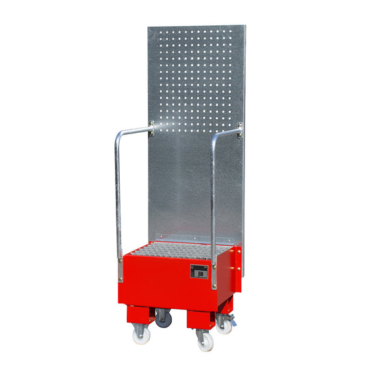 Mobile sump tray with perforated panel, 1 x 60 l drum placed upright, LxWxH 570 x 590 x 1775 mm, flame red.