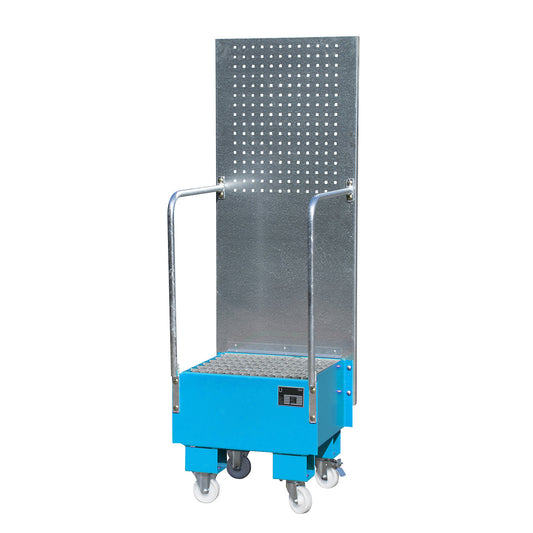 Mobile sump tray with perforated panel, 1 x 60 l drum placed upright, LxWxH 570 x 590 x 1775 mm, light blue.