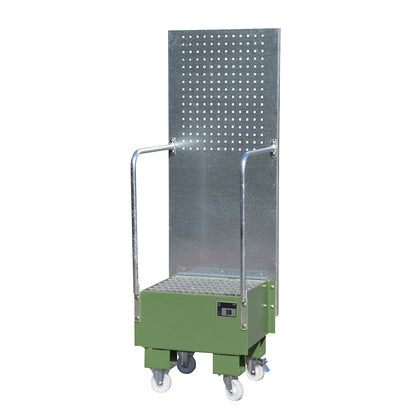 Mobile sump tray with perforated panel, 1 x 60 l drum placed upright, LxWxH 570 x 590 x 1775 mm, reseda green.