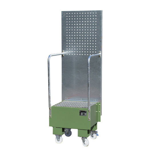 Mobile sump tray with perforated panel, 1 x 60 l drum placed upright, LxWxH 570 x 590 x 1775 mm, reseda green.