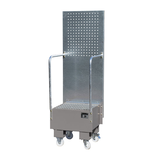 Mobile sump tray with perforated panel, 1 x 60 l drum placed upright, LxWxH 570 x 590 x 1775 mm, mouse grey.