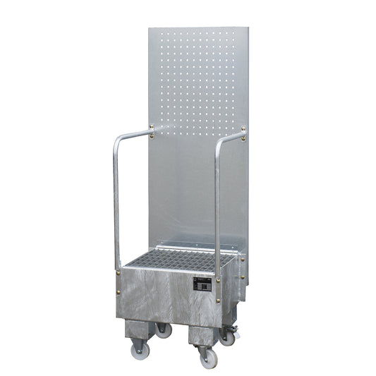 Mobile sump tray with perforated panel, 1 x 60 l drum placed upright, LxWxH 570 x 590 x 1775 mm, hot dip galvanised.