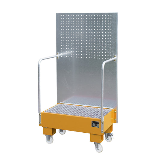 Mobile sump tray with perforated panel, 2 x 60 l drums placed upright next to each other, LxWxH 570 x 890 x 1685 mm, yellow orange.