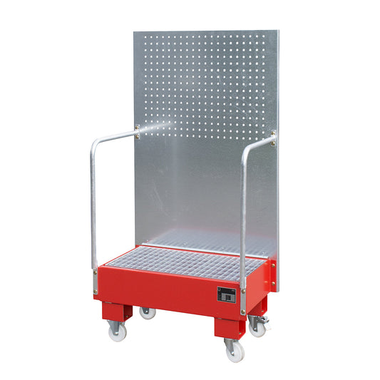 Mobile sump tray with perforated panel, 2 x 60 l drums placed upright next to each other, LxWxH 570 x 890 x 1685 mm, flame red.