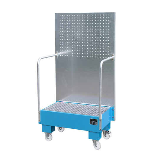 Mobile sump tray with perforated panel, 2 x 60 l drums placed upright next to each other, LxWxH 570 x 890 x 1685 mm, light blue.