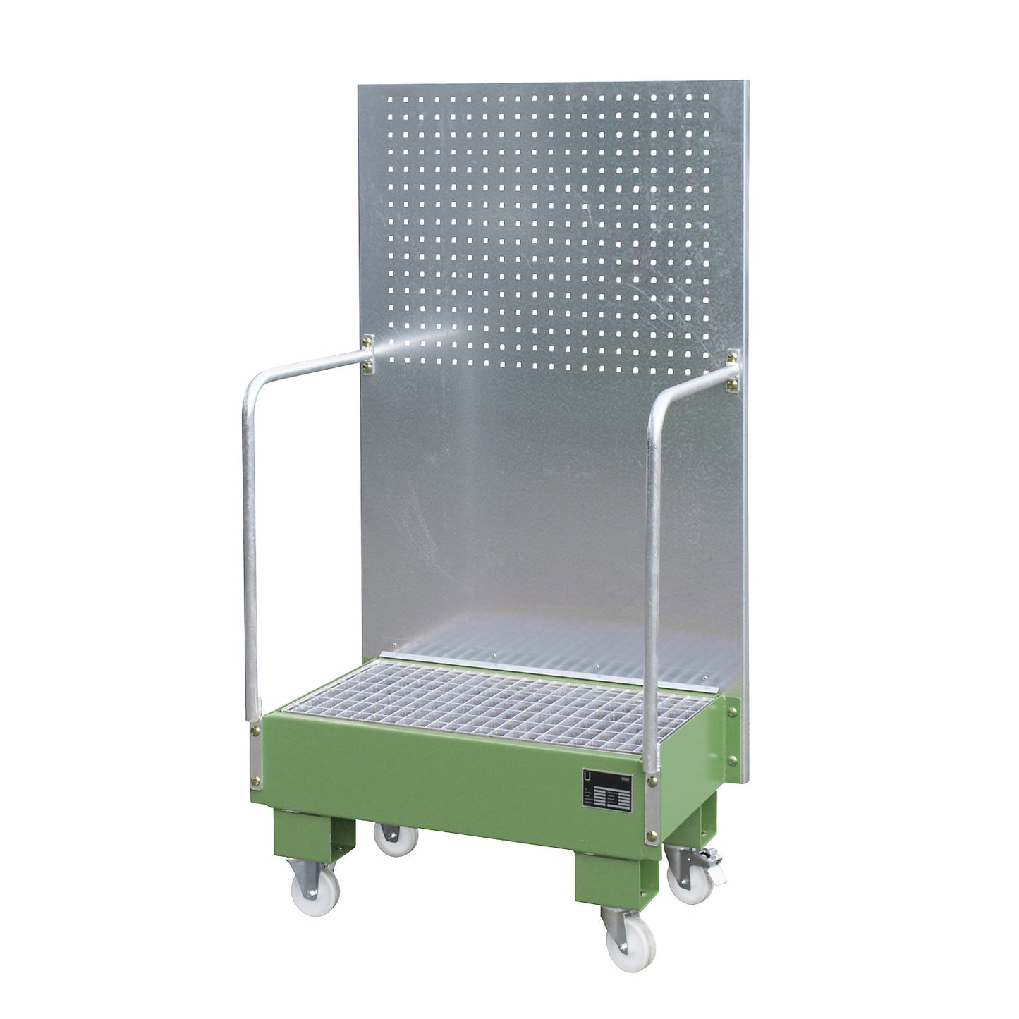 Mobile sump tray with perforated panel, 2 x 60 l drums placed upright next to each other, LxWxH 570 x 890 x 1685 mm, reseda green.