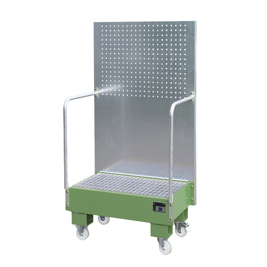 Mobile sump tray with perforated panel, 2 x 60 l drums placed upright next to each other, LxWxH 570 x 890 x 1685 mm, reseda green.