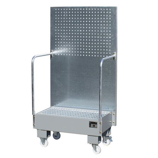Mobile sump tray with perforated panel, 2 x 60 l drums placed upright next to each other, LxWxH 570 x 890 x 1685 mm, mouse grey.
