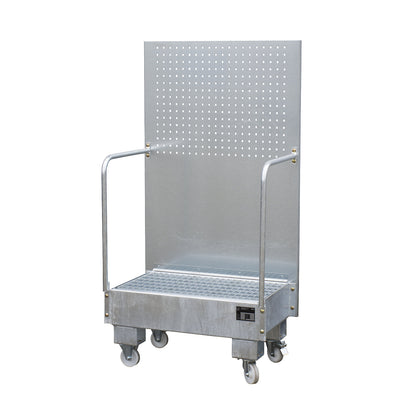 Mobile sump tray with perforated panel, 2 x 60 l drums placed upright next to each other, LxWxH 570 x 890 x 1685 mm, hot dip galvanised.